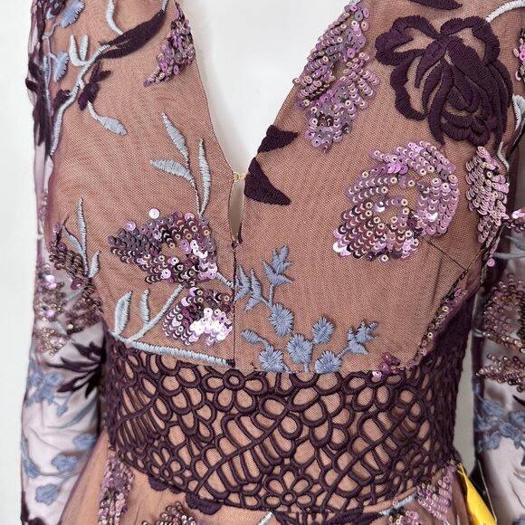 Bronx and Banco Purple Fiora Sequin Embroidered Mesh ¾ Sleeve Mini Dress Size 4 - Picture 8 of 17
